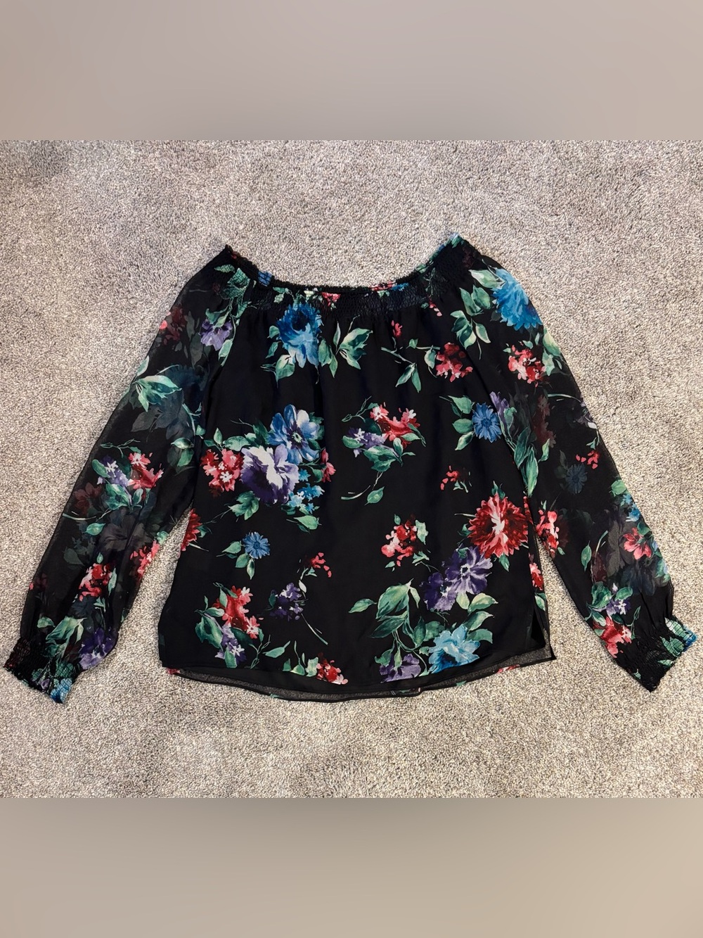 Worth Women’s Size Petite Black Floral Silk Chiffon Off Shoulder Blouse Summer